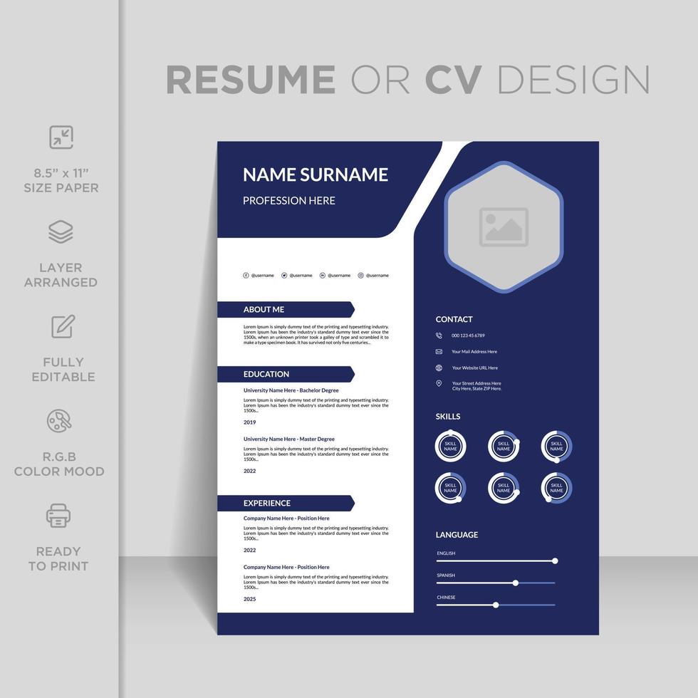 Professional modern and minimal resume or cv design template. Attractive online curriculum template vector