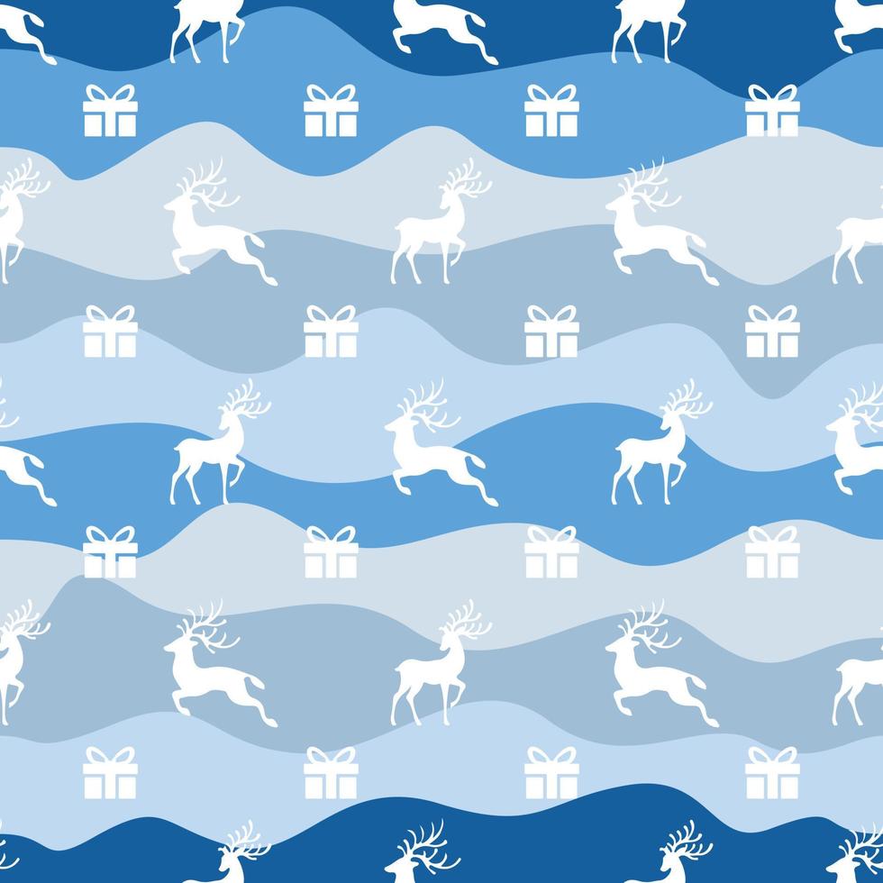 Christmas deer and giftbox seamless pattern. Design for fabric, wrapping gift paper and backgrounds. Winter holiday season. Vector illustration.