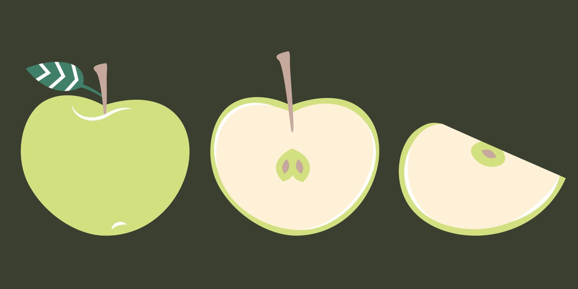 Manzana entera y cortada. fruta dulce en estilo plano. vector