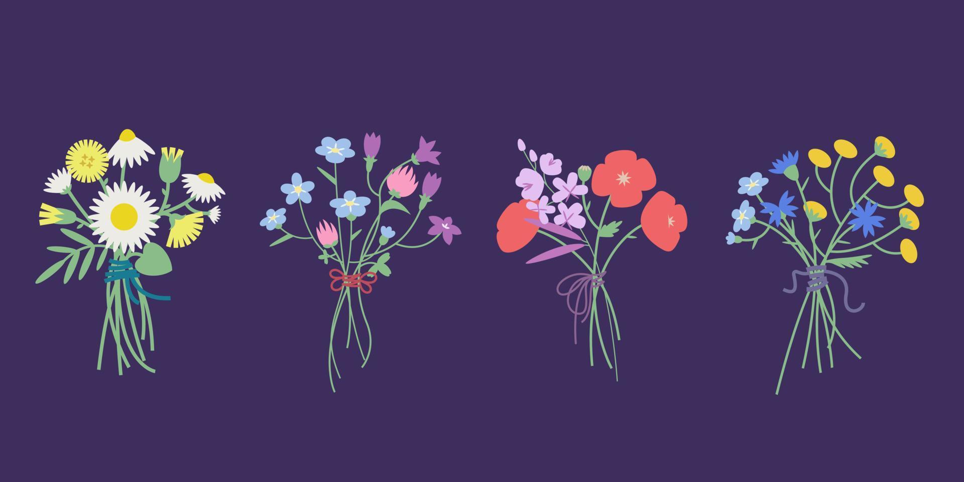 Set of wildflower bouquets. Different flowers in flat style. vector