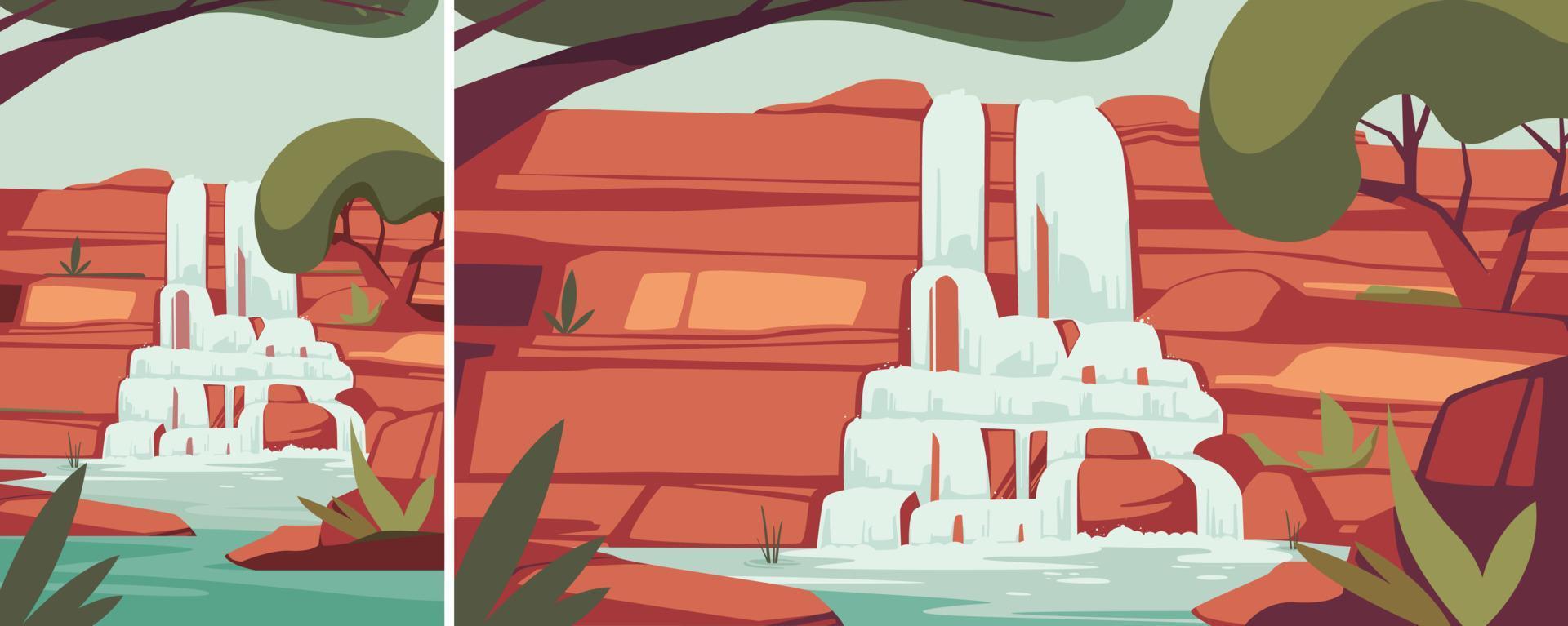 Scenery with waterfall in summer season. Nature landscape in different formats. vector