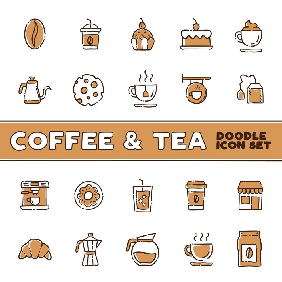 iconos de garabatos de café y té. ilustraciones dibujadas a mano en la cafetería. vector