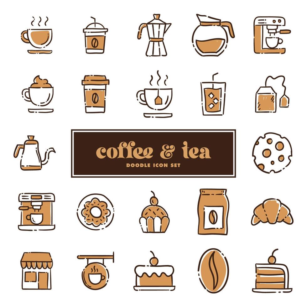 Coffee and tea doodle icons. Cafe shop hand drawn illustrations. vector