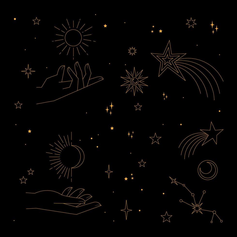 Astral stars linear icons. Mystic symbols, hands, planets, suns and moons. vector