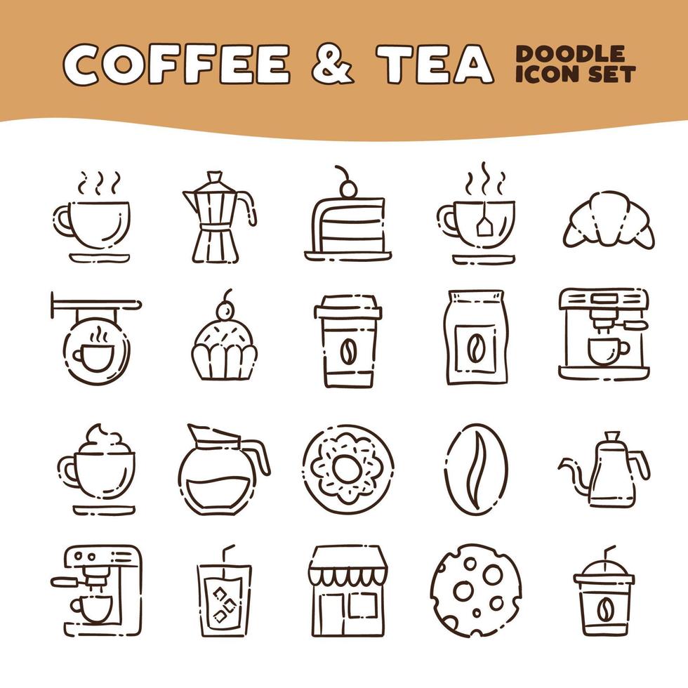 Coffee and tea doodle icons. Cafe shop hand drawn illustrations. vector