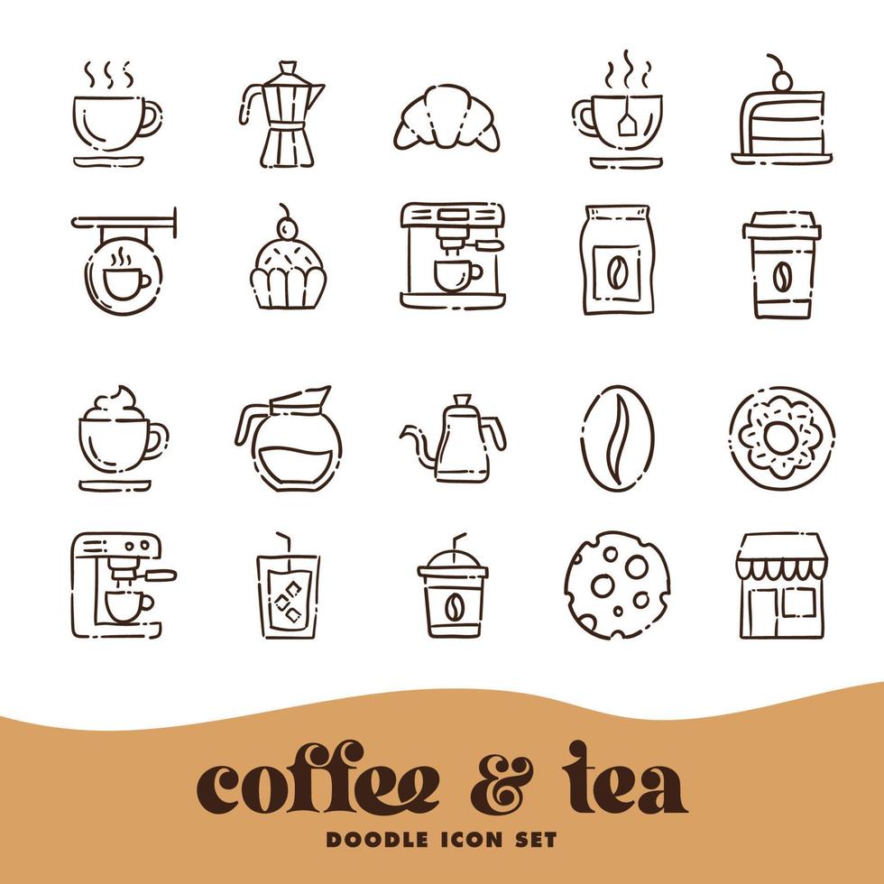 Coffee and tea doodle icons. Cafe shop hand drawn illustrations. vector