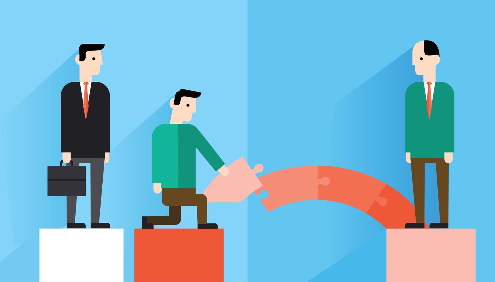 Teamwork, collaboration and cooperation concept. Group of young people business colleagues cartoon characters fixing pieces of one puzzle together as team members vector illustration
