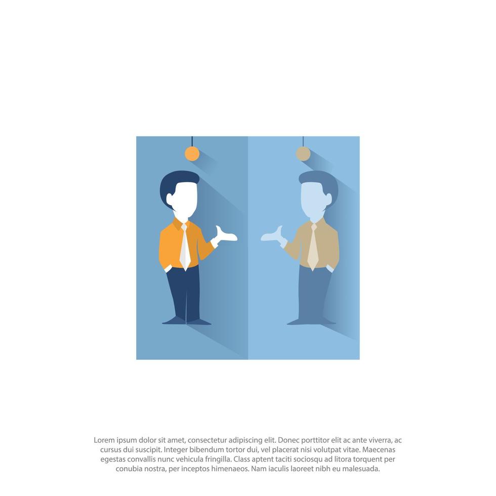 man reflection in standing mirror, Self support and self love concept line illustration in yellow and blue. talk to his self in the mirror illustration vector