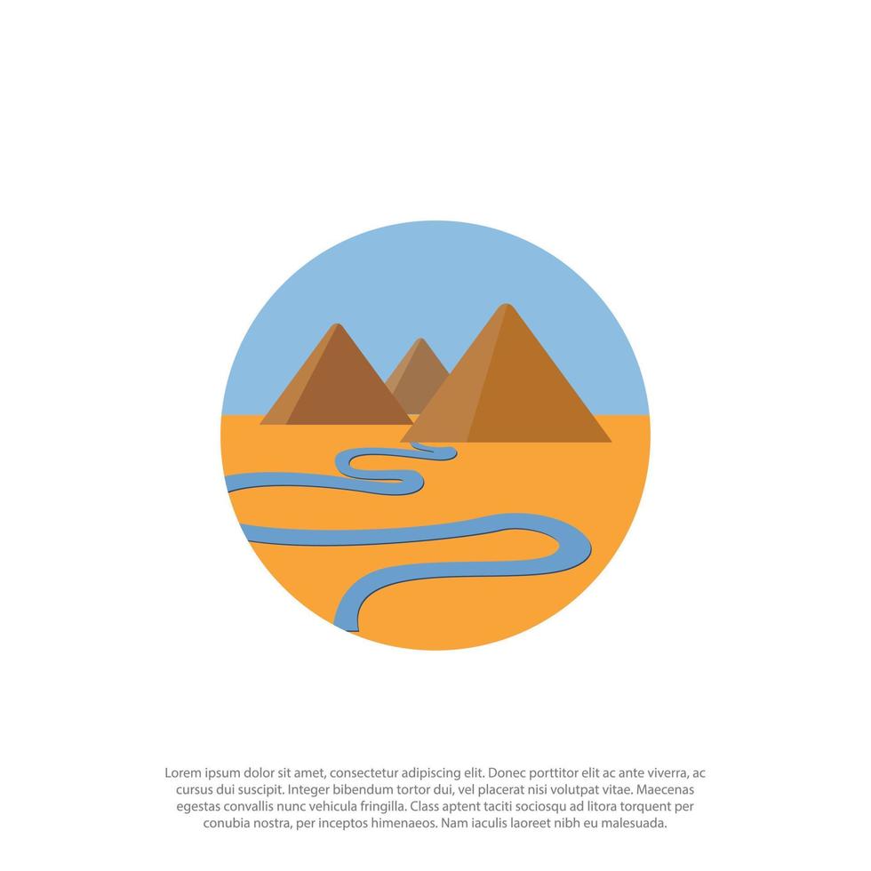 Flat design Egypt landscape. Vector pyramids and river. Monument on starry desert night in a rounded for logo or illustration