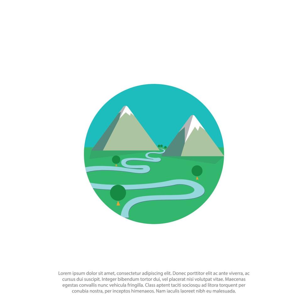 logotipo de paisaje simple y plano con árbol de montaña y río en diseño de marco redondeado puede ser para ilustración o plantilla de logotipo de diseño de vector de logotipo