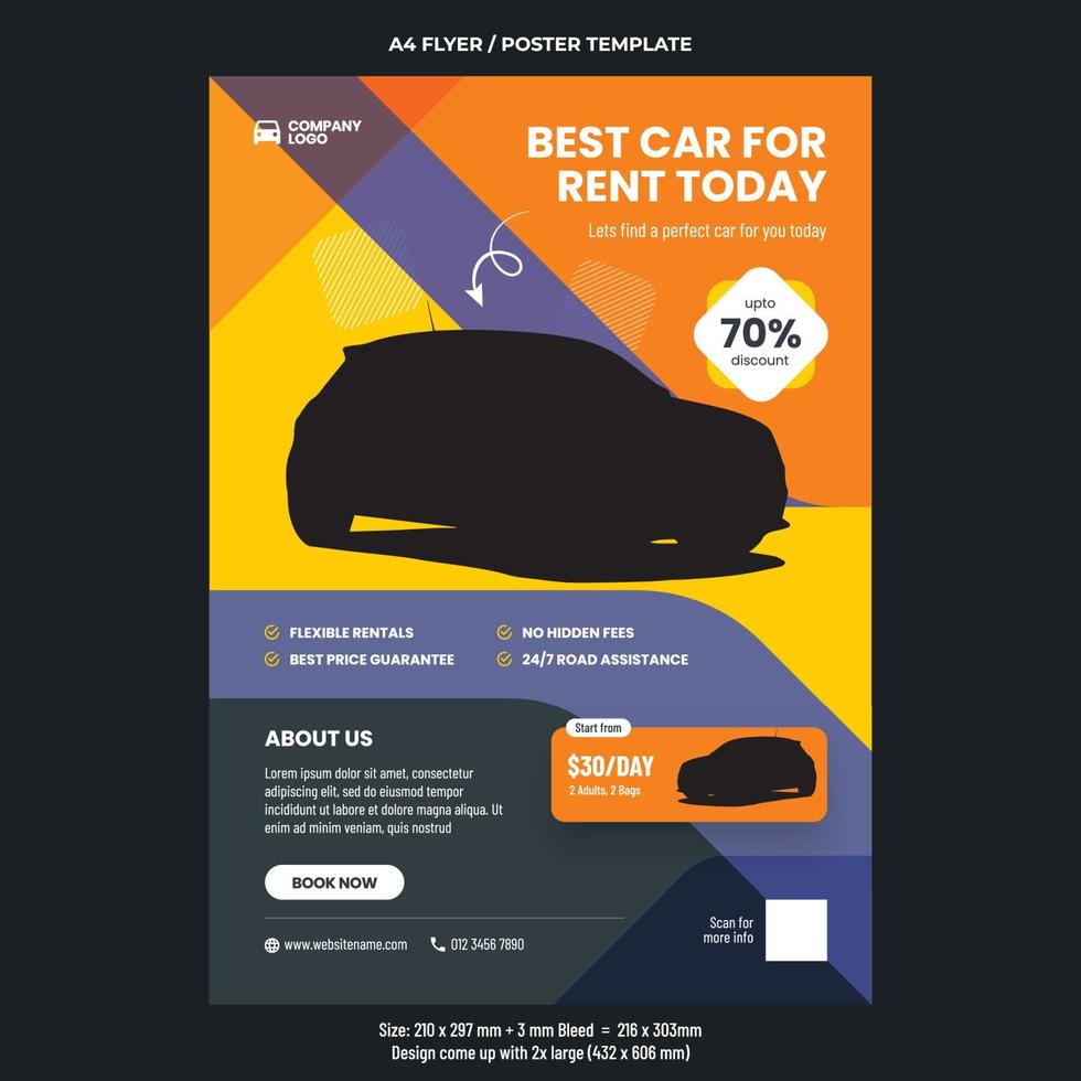 Car rental services and offer promotion A4 or poster flyer template design vector