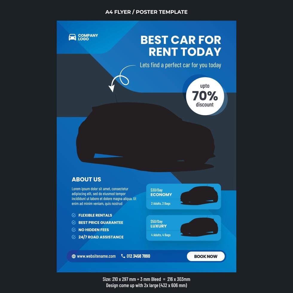 Car rental offer and deals A4 or poster flyer template design vector
