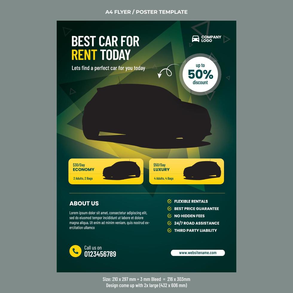 Car rental business and deals A4 or poster flyer template design vector