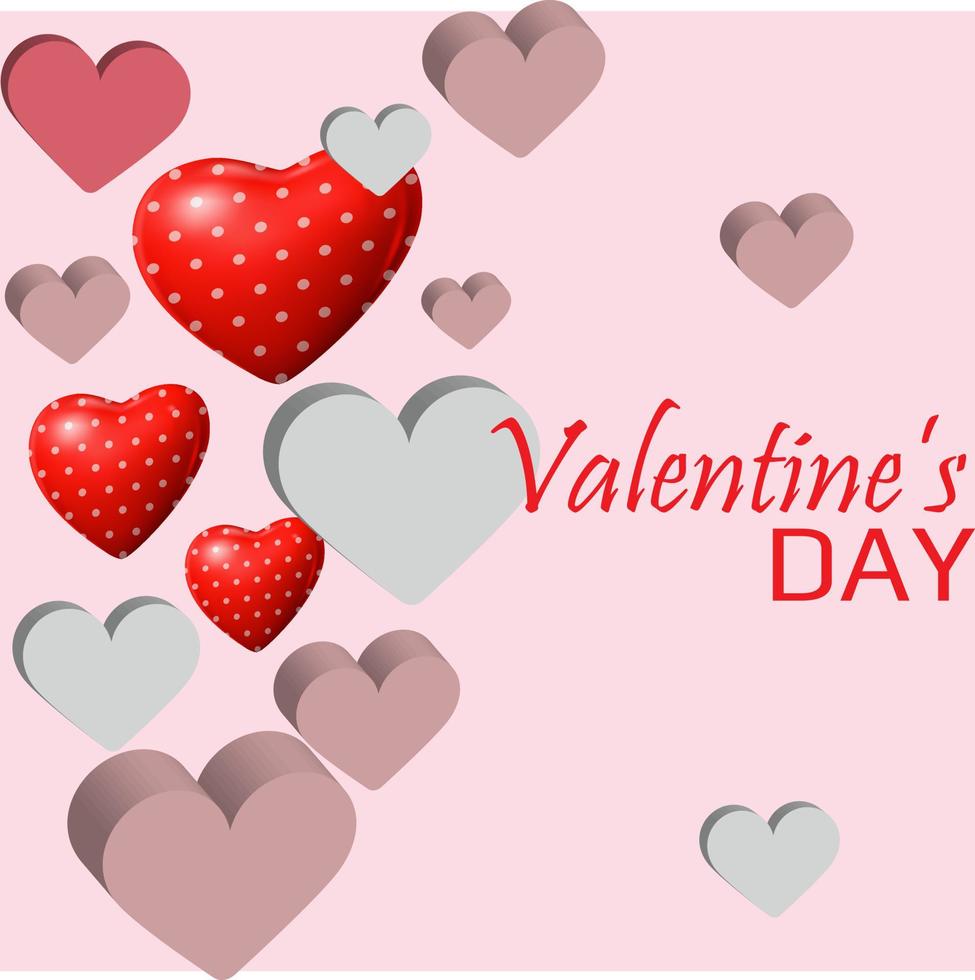 Background valentine day.Happy Valentines Day banner with 3d red heart balloons, gold metal shapes and light bulbs on pink background. vector