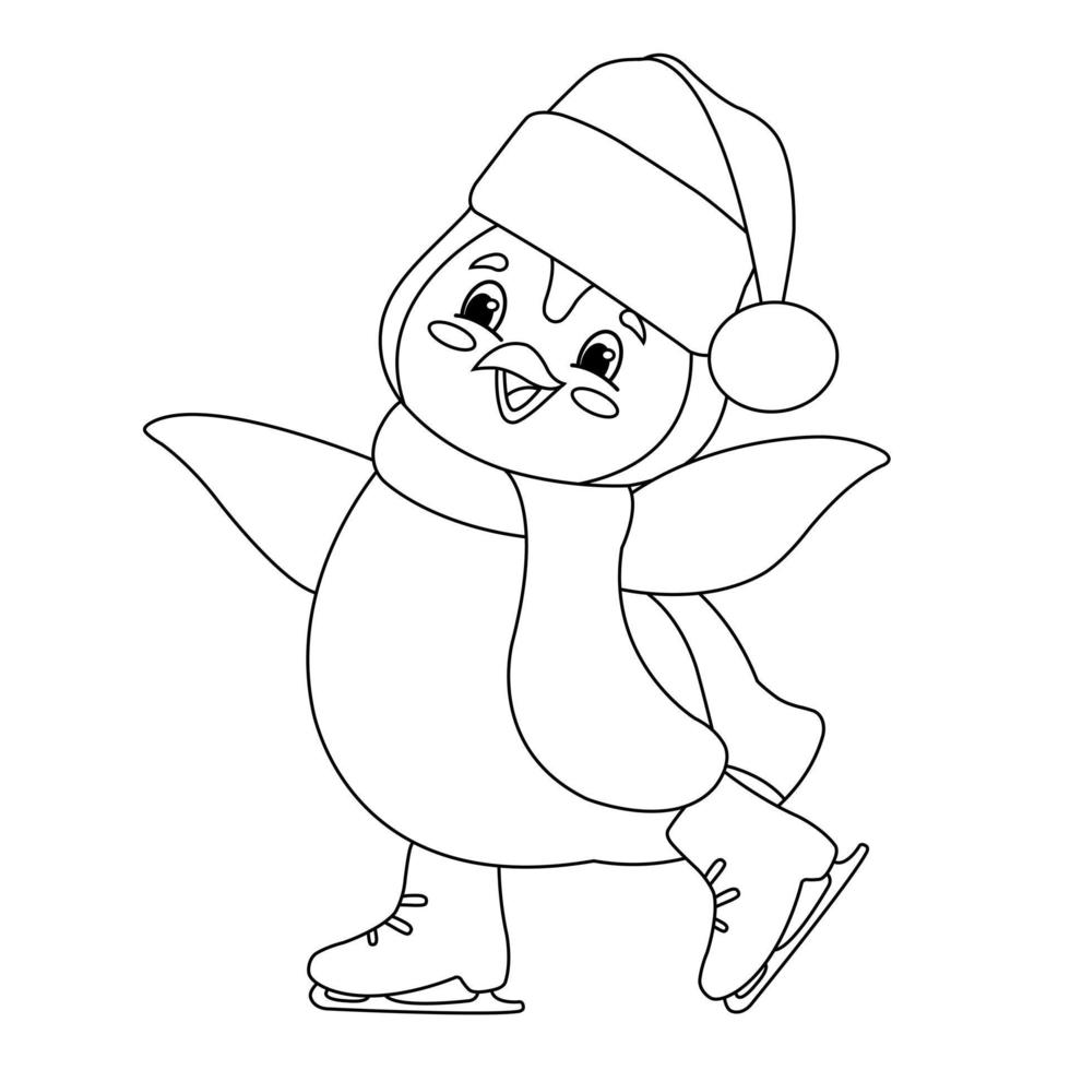 penguin in a hat and scarf skating, winter entertainment, cold, line, sketch vector