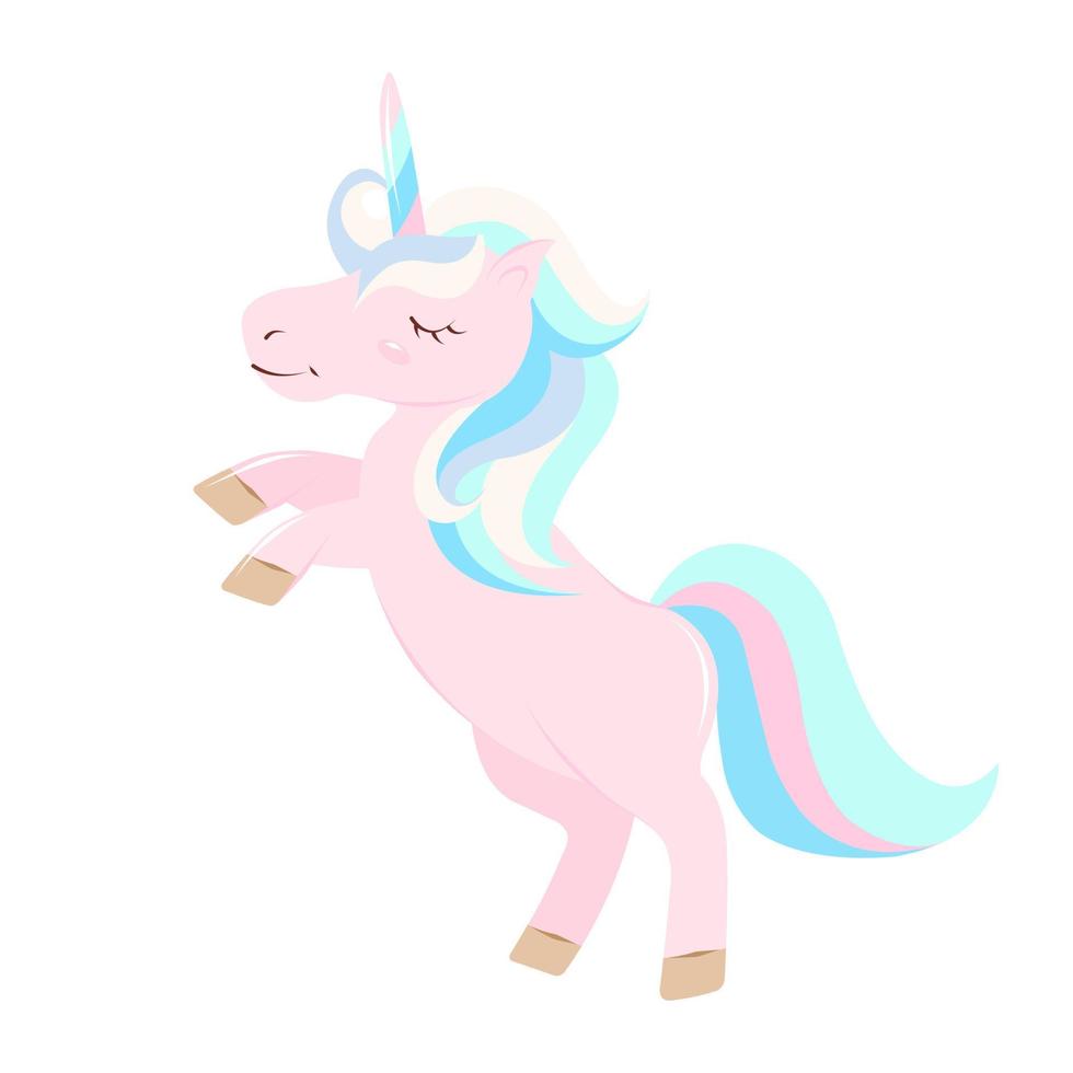 cute rainbow pink unicorn jumps and smiles, multicolored mane and tail vector