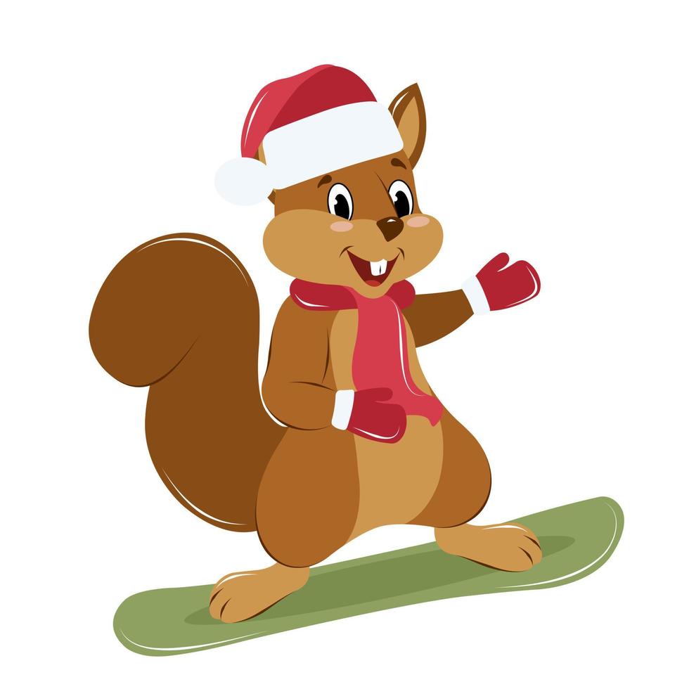 cute squirrel in a New Year's hat, scarf and mittens snowboarding, winter entertainment vector