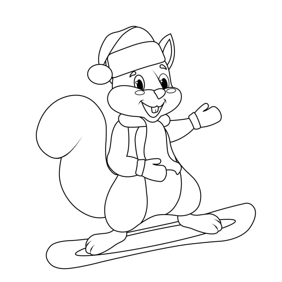 cute squirrel in a New Year's hat, scarf and mittens snowboarding, winter entertainment, line, sketch vector