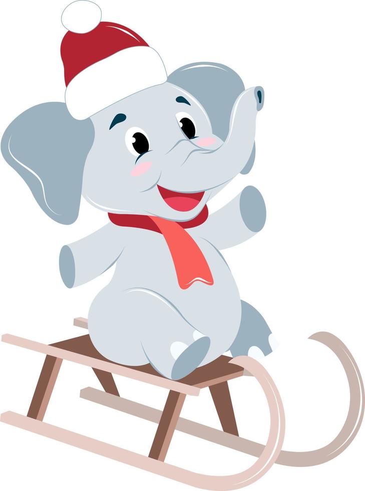 baby elephant in a red New Year's hat and scarf sledding, winter entertainment vector