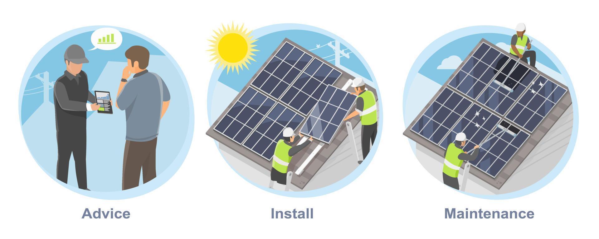 Solar house service process concept for customer home advice install and maintenance clean isometric isolate vector