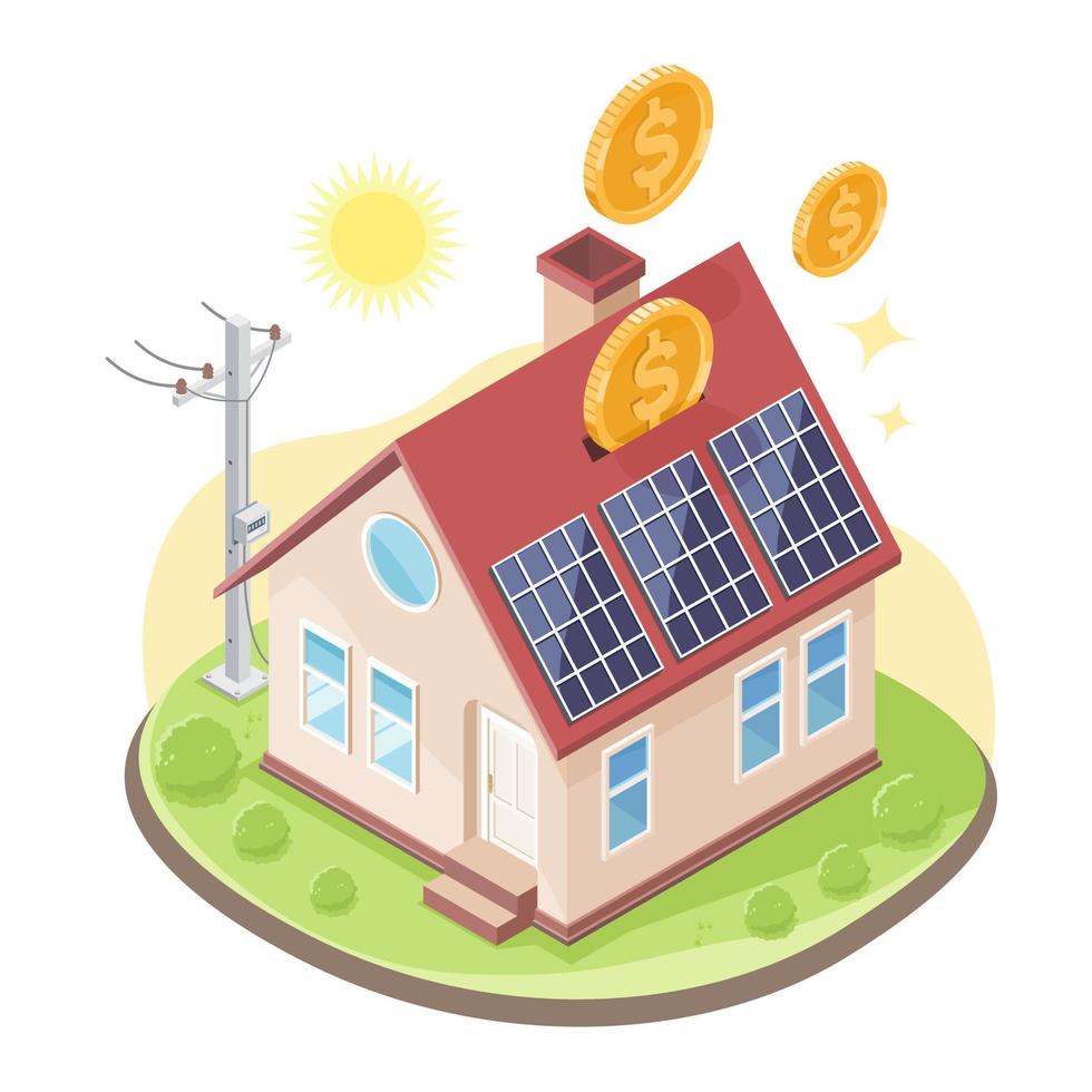 Solar panel house money saving electricity bill cartoon concept isometric dream warm general home  illustration isolated on white background vector