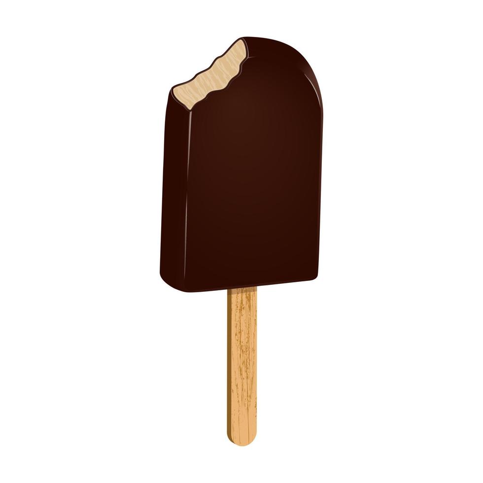 Bitten chocolate popsicle on a wooden stick. Ice cream in chocolate glaze. Frozen product sweet food. Realistic 3D food poster. Vector illustration.