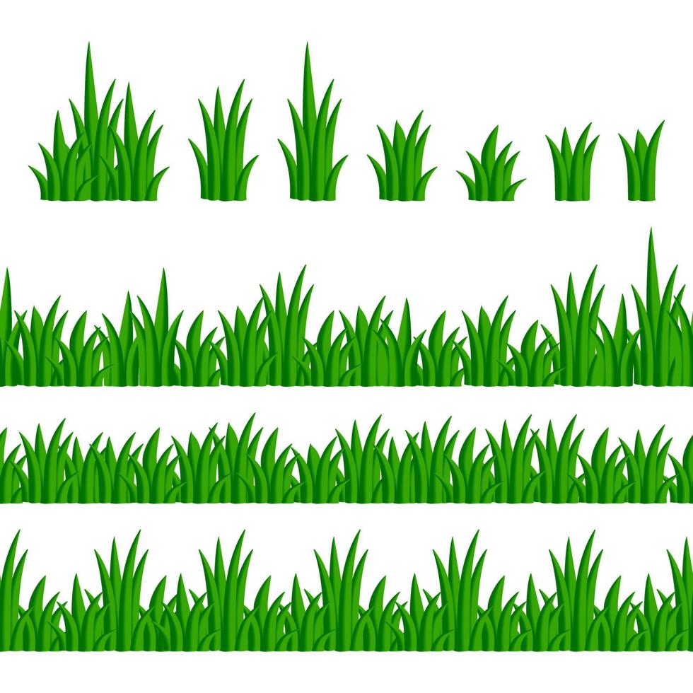 Set of bunches, bushes, seamless borders of green grass on a white background. Cartoon green grass and herbal borders. Vector illustration.