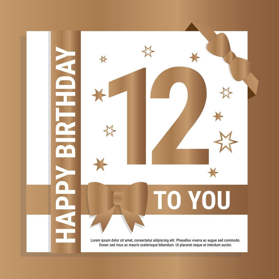 Happy 12th Birthday. Gold numerals and glittering gold ribbons. Festive background. Decoration for party event, greeting card and invitation, design template for birthday celebration. Eps10 Vector