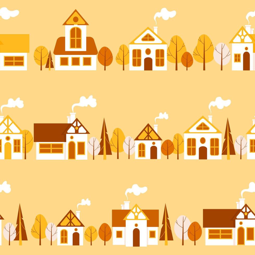 Horizontal streets with houses in flat style. Trees, smoke from chimneys. Cute bright autumn pattern. For nursery, wallpaper, printing on fabric, wrapping, background. vector