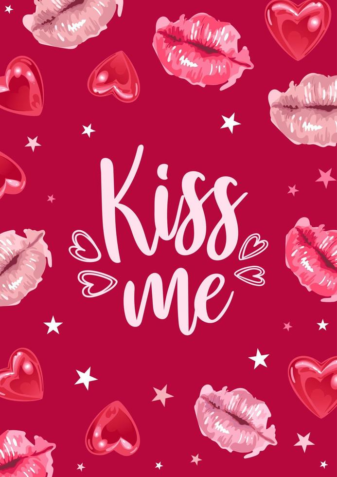 Kiss Me. Postcard for Valentines Day, World Kiss Day. Glossy lips in a watercolor style and shining a heart, a star. For postcard, gift, banner, poster, print on clothes, fabric. vector