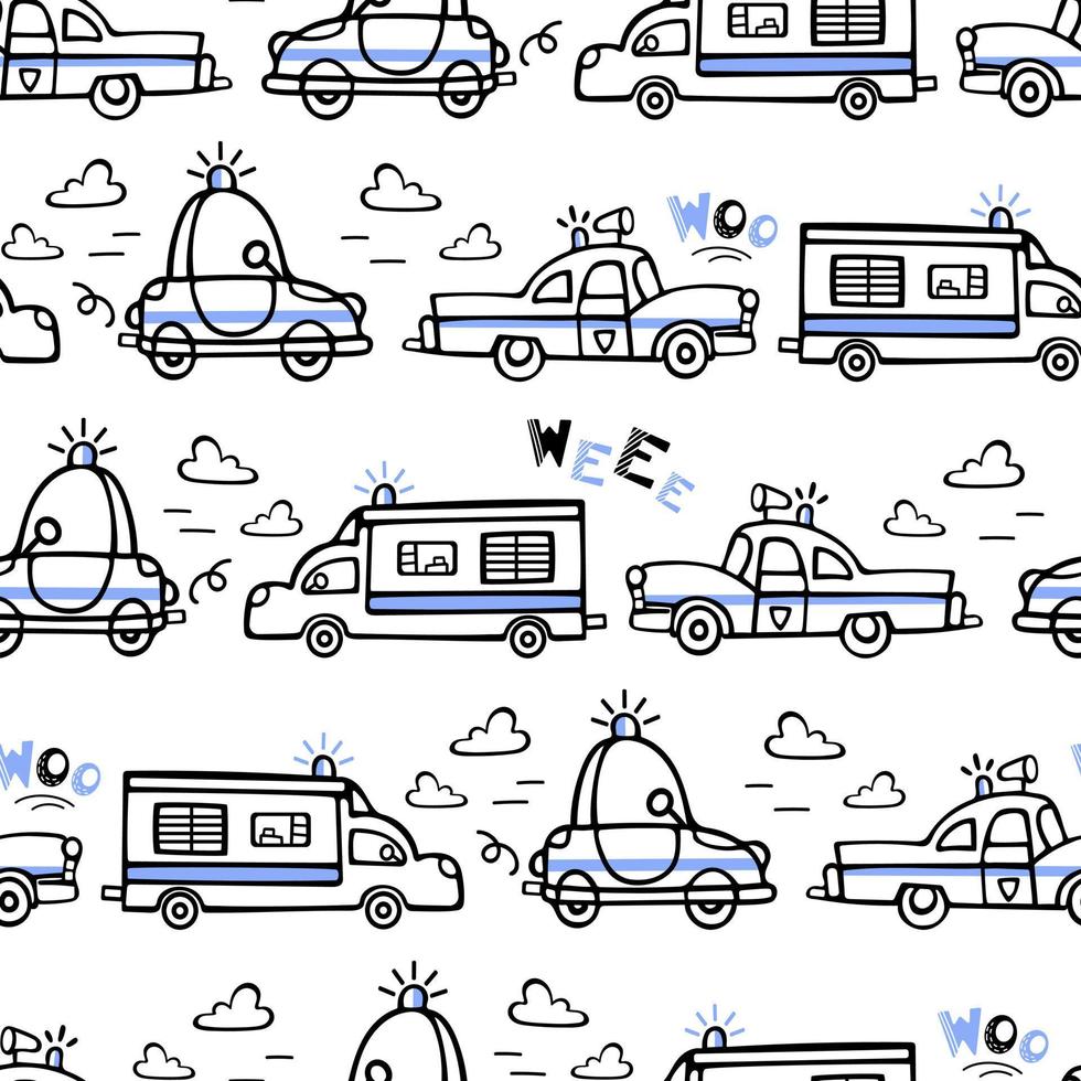 Seamless pattern of police cars. Vector doodle illustration for boys in scandinavian style. The police siren is wailing. Transport, cars go on the road. For packaging, fabric, background