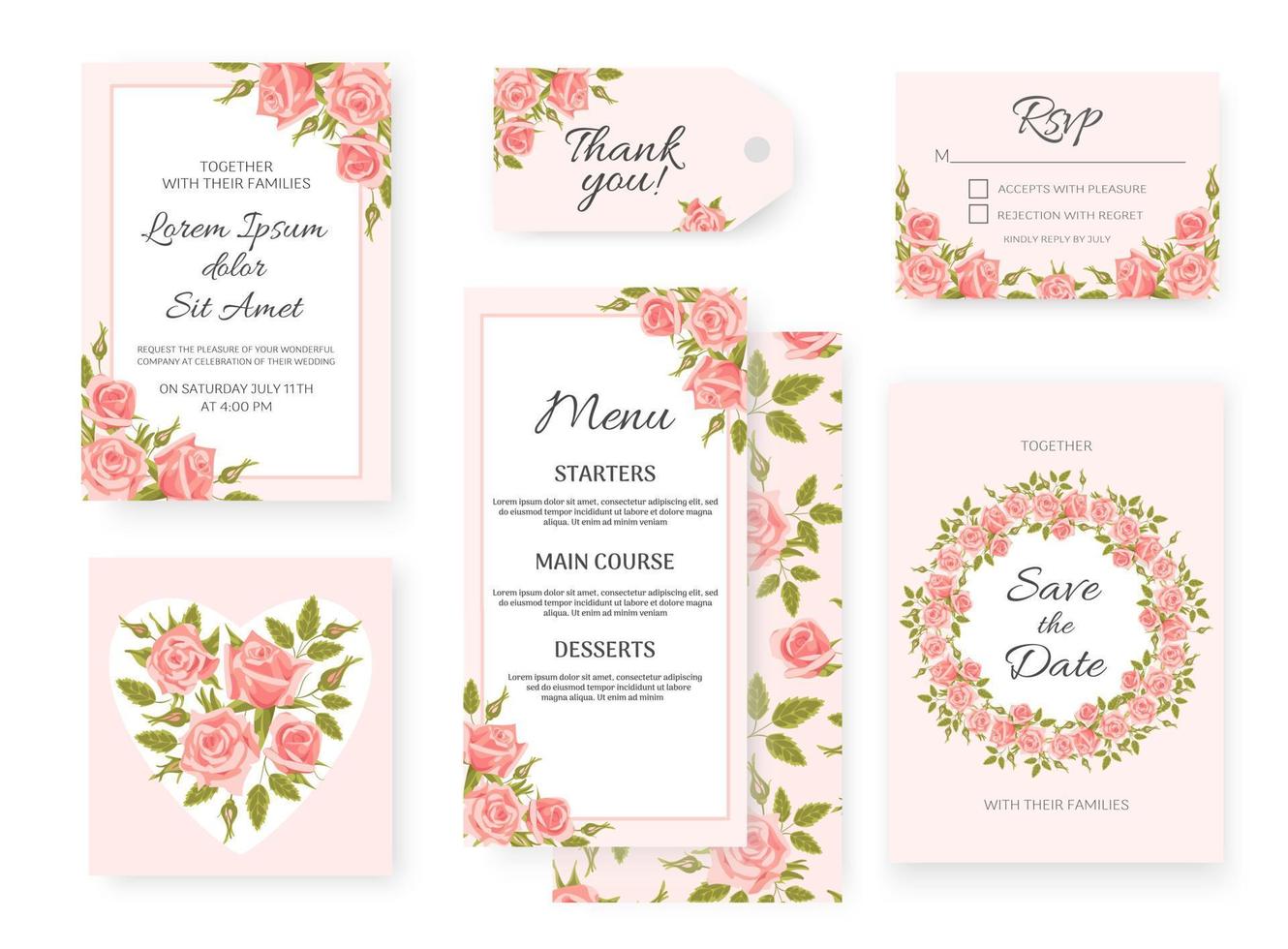 A set of classic templates for a wedding. Elegant pink roses. For invitation, rsvp, save the date, frames, vintage style cards, design elements vector