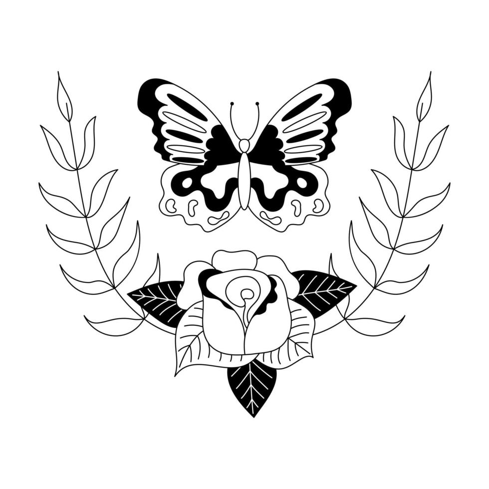 Butterfly with rose tattoo in y2k, 1990s, 2000s style. Emo goth element design. Old school tattoo. Vector illustration