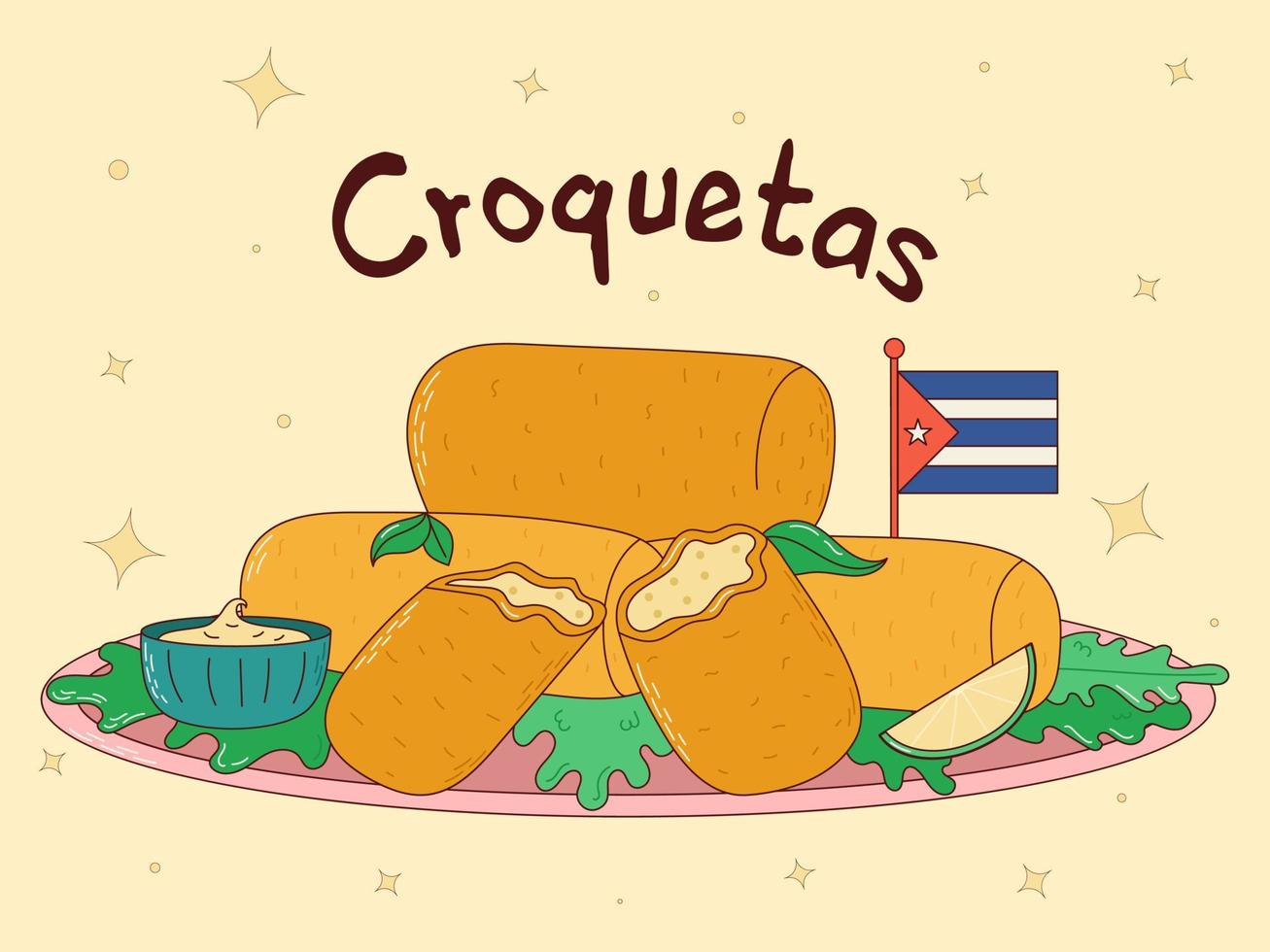 Cuban food. Croquetas. Traditional Cuban dish. Vector illustration