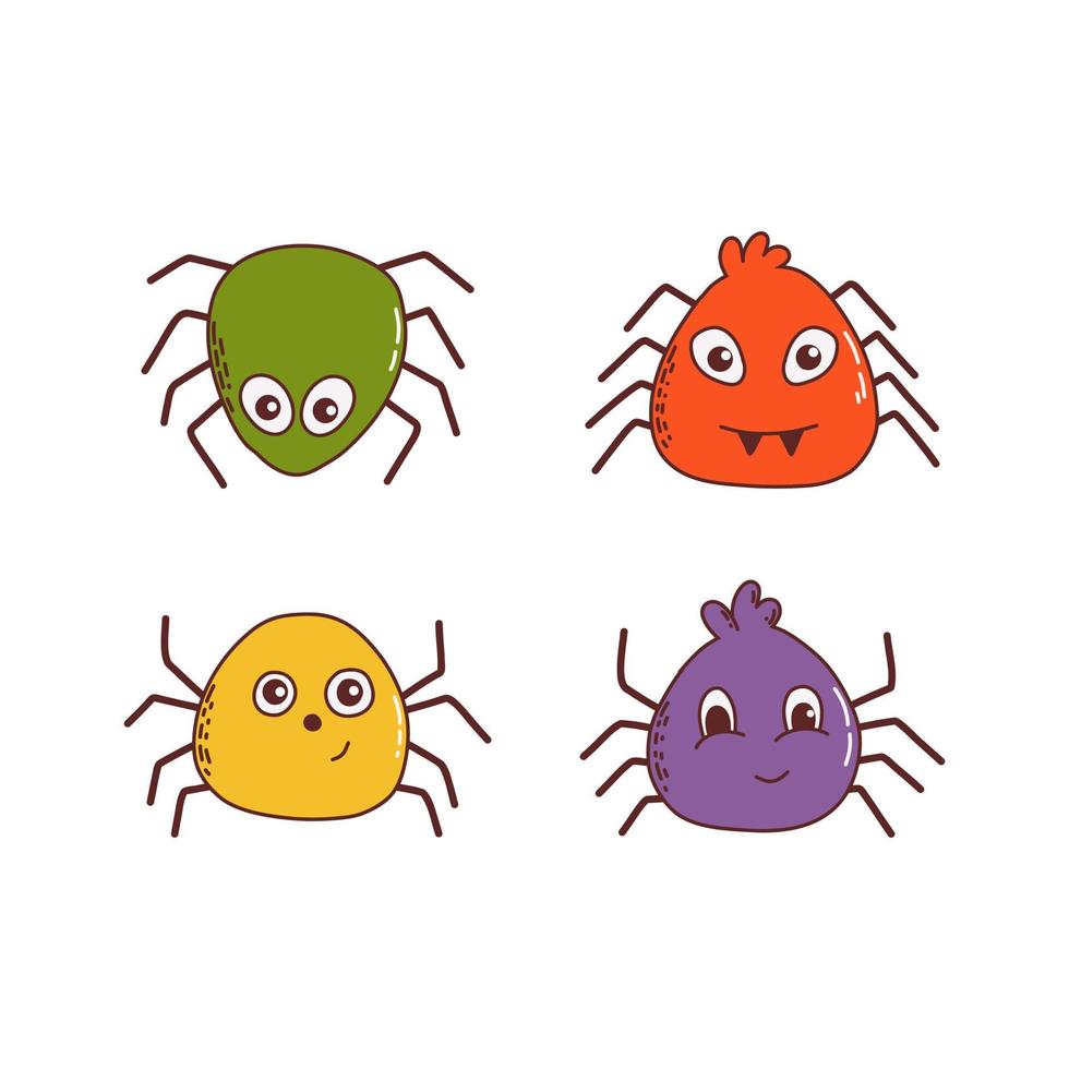 Funny Spiders set. Halloween element. Trick or treat concept. Vector illustration in hand drawn style