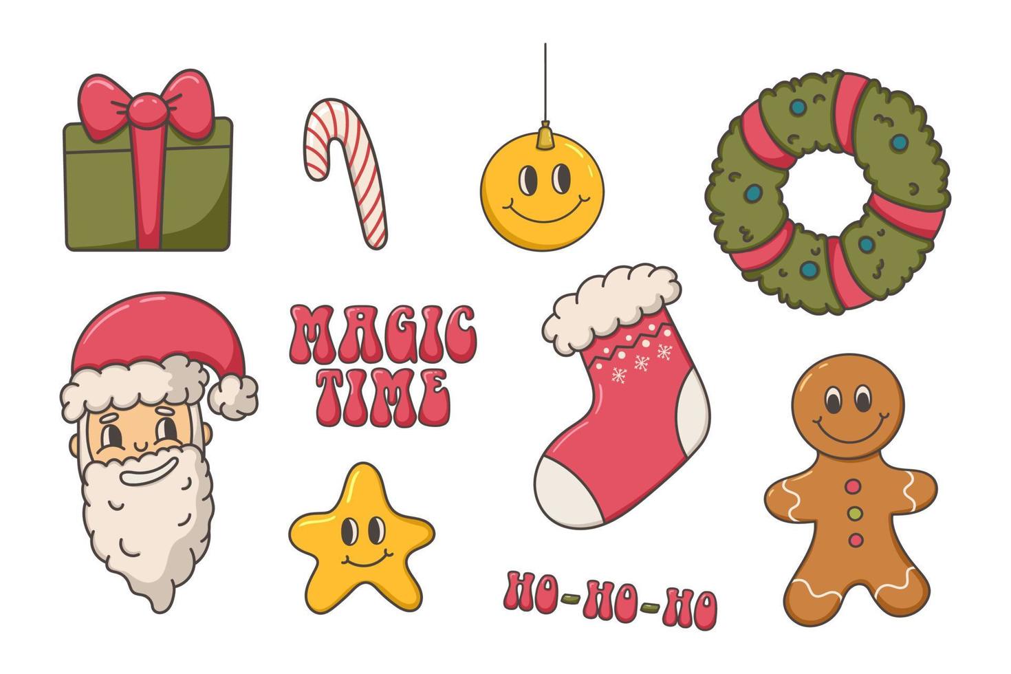 Christmas groovy set of elements, trendy 70s 80s style, cartoon style, santa, gingerbread cookie, gift, star, sock, christmas wreath, candy, vector illustration