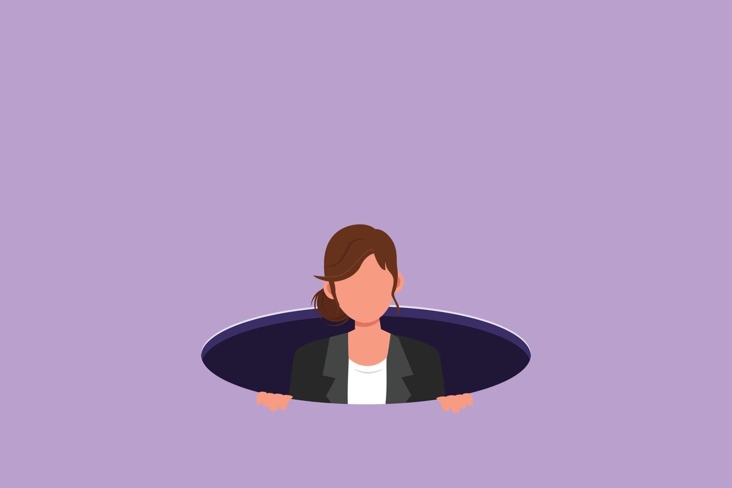 Graphic flat design drawing unlucky businesswoman emerges from hole. Concept of failure to take advantage of business opportunities. Depressed and business failure. Cartoon style vector illustration