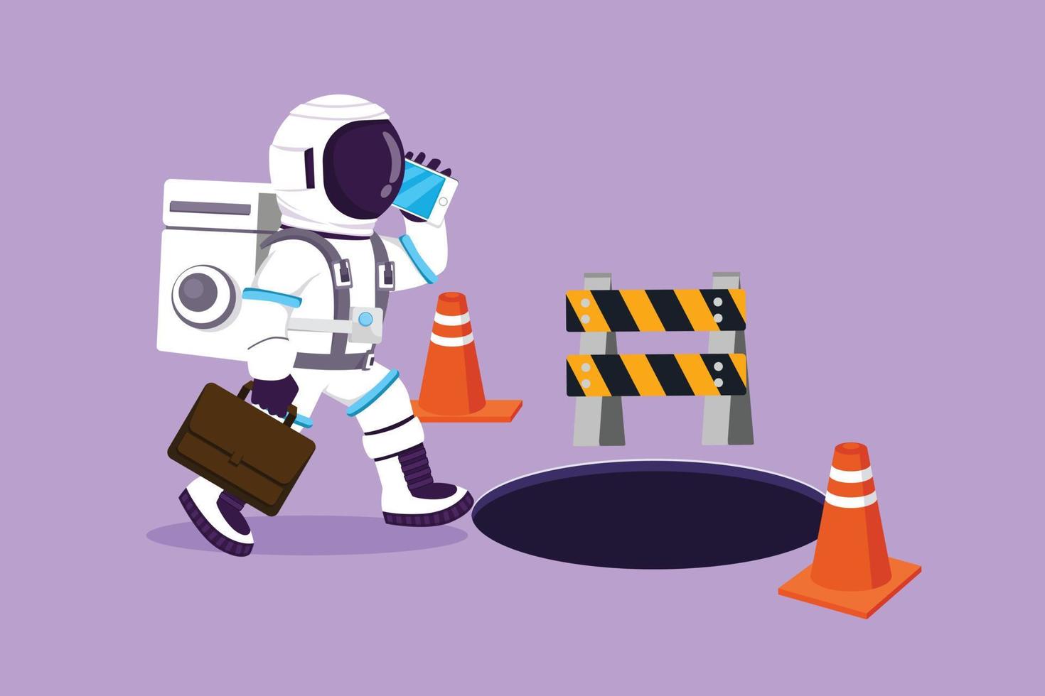 Graphic flat design drawing of young astronaut talking on cell phone or smartphone and he does not see the hole in front in moon surface. Cosmic galaxy space concept. Cartoon style vector illustration