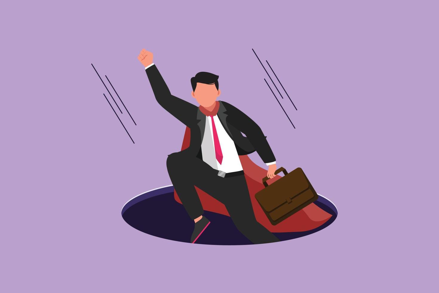 Graphic flat design drawing flying businessman with wing and briefcase coming out of holes. Male manager leading financial rising from hole. Business growth concept. Cartoon style vector illustration