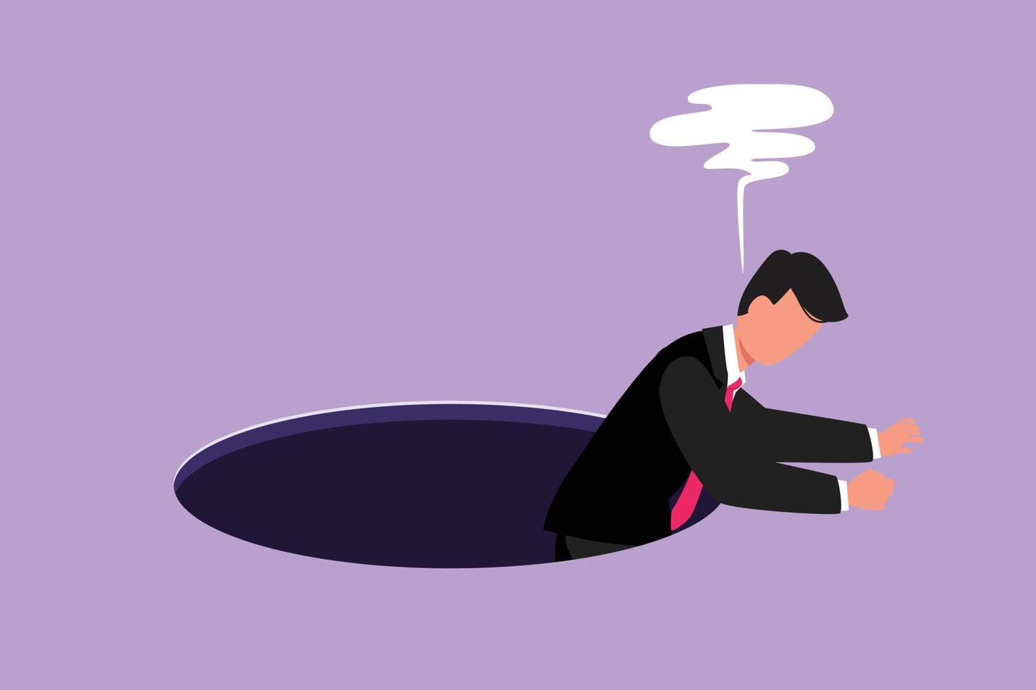 Graphic flat design drawing businessman trying to get out of from hole, metaphor to facing big problem. Business struggles in competition. Strength for success. Cartoon character vector illustration