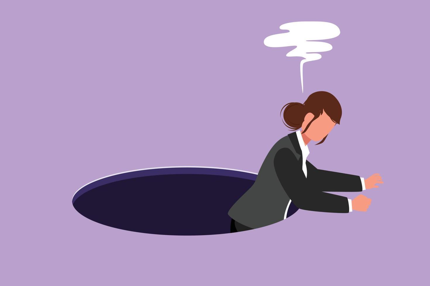 Cartoon flat style drawing of businesswoman trying to get out of from hole, metaphor to facing big problem. Business struggles in competition. Strength for success. Graphic design vector illustration