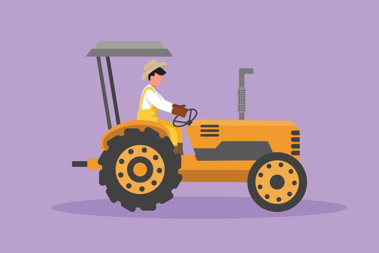 Graphic flat design drawing male farmer drive tractor to plow the field. Start new planting period. Successful farming challenge at countryside. Organic natural crop. Cartoon style vector illustration