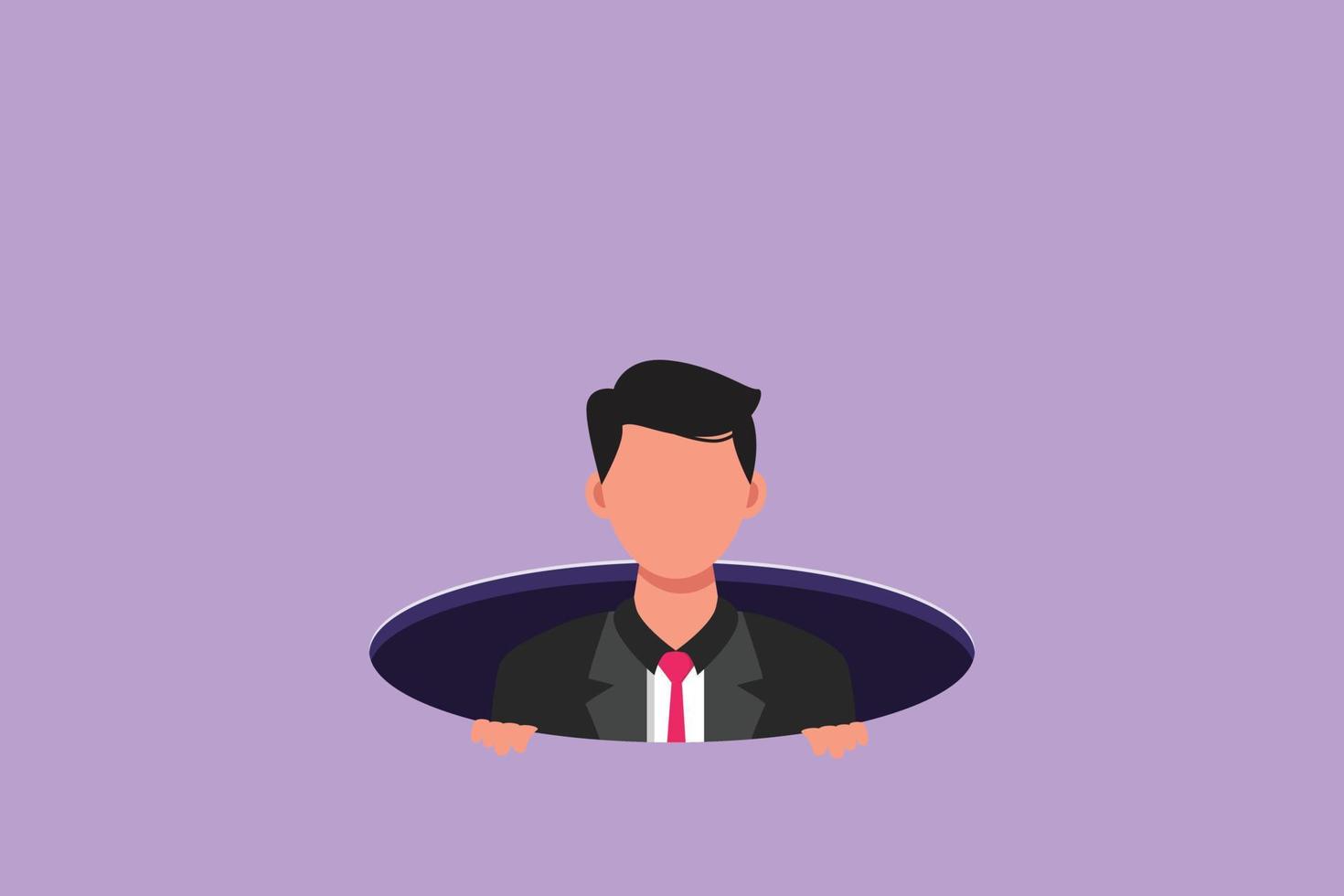 Cartoon flat style drawing businessman emerges from hole. Concept of failure to take advantage of business opportunities. Depressed and business failure. Graphic character design vector illustration