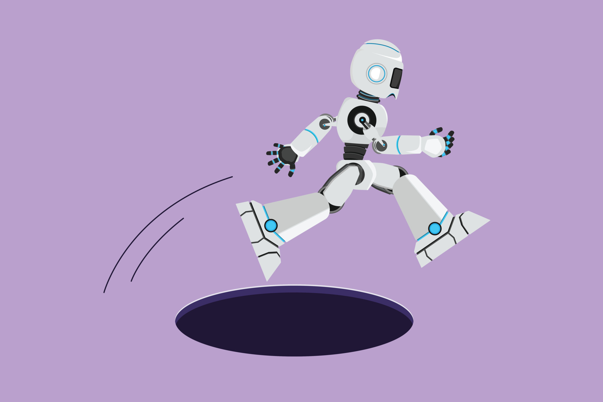 Cartoon flat style drawing robot jump through hole. Business struggles