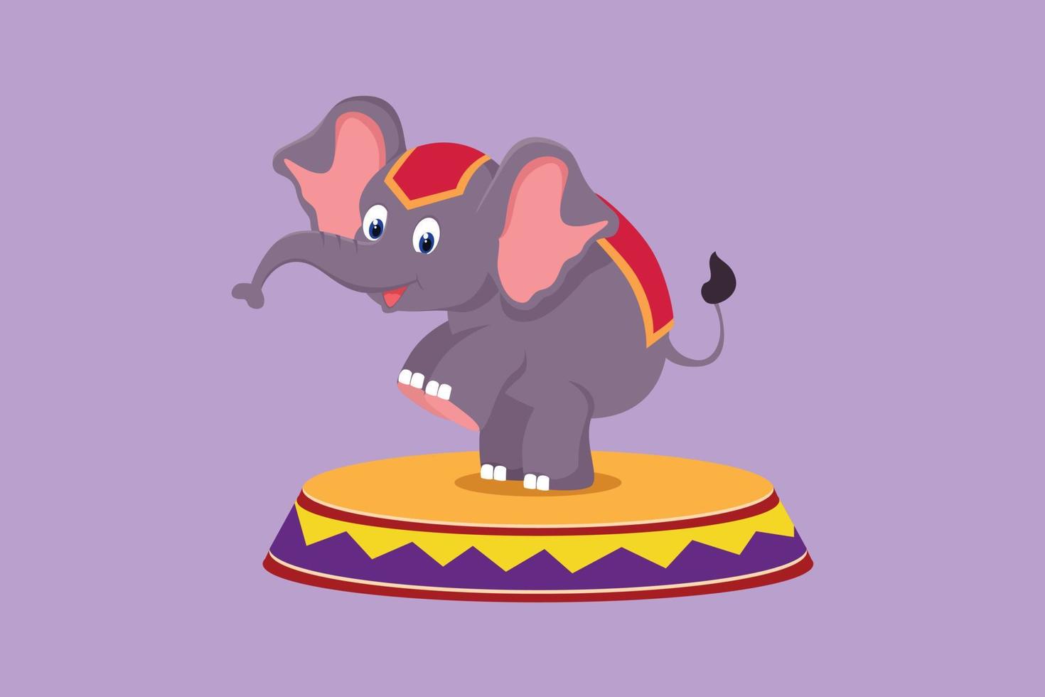 Cartoon flat style drawing an elephant stands on circus chair with its forelegs raised. Very good performance and successful circus show. Animal show entertainment. Graphic design vector illustration