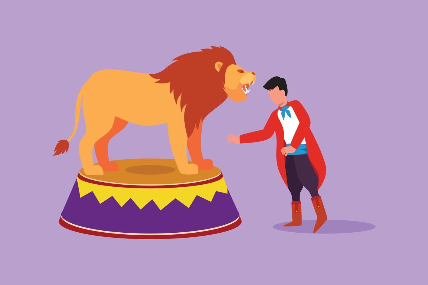 Cartoon flat style drawing lion standing on a circus chair or stage while following the instructions of his trainer. A very thrilling circus animal show performance. Graphic design vector illustration