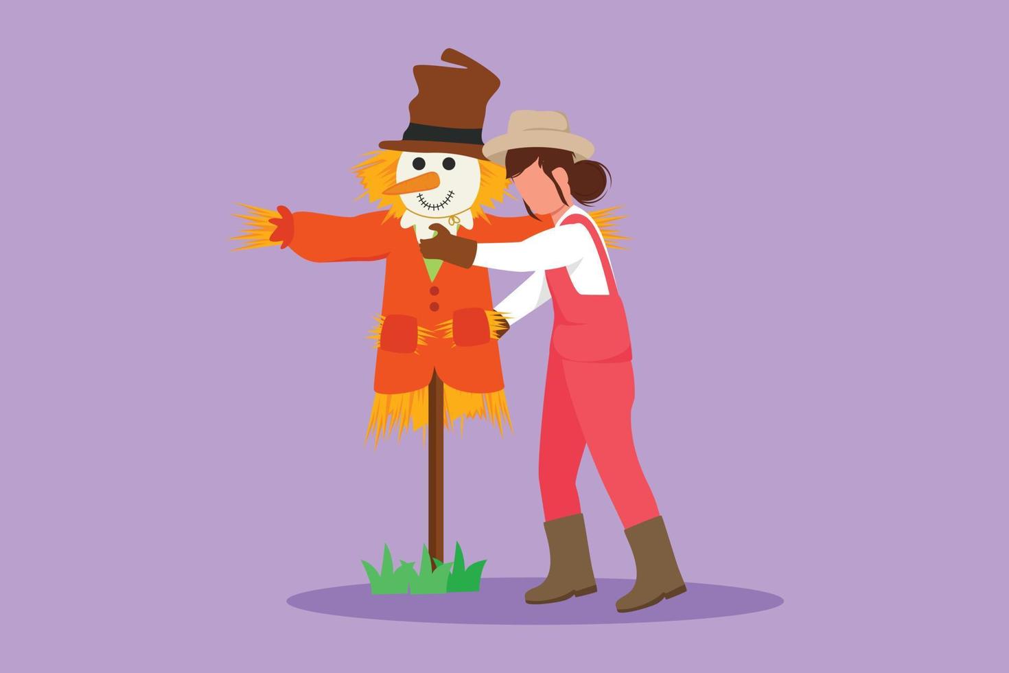 dibujos animados de estilo plano dibujando agricultora con sombrero de paja  poniendo un espantapájaros para evitar