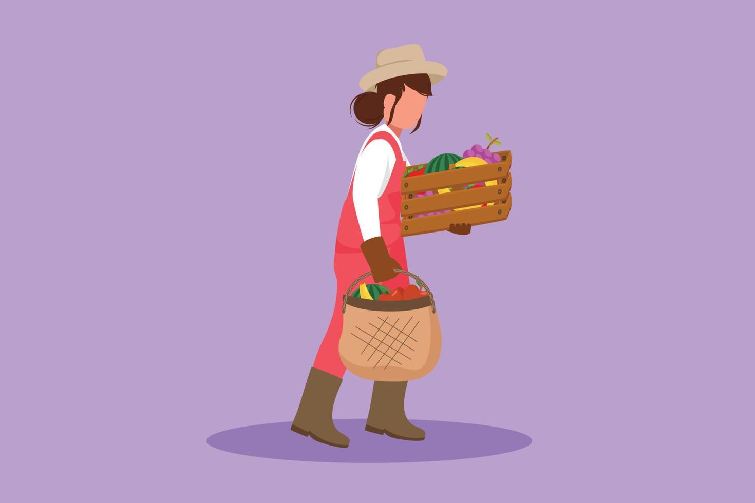 Cartoon flat style drawing female farmer carrying basket full of fruit in her hands. Abundant yields from plantations in the countryside. Successful farming concept. Graphic design vector illustration