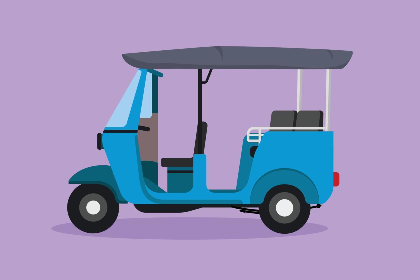 Graphic flat design drawing side view of Thai tuk tuk serving foreign passengers who are traveling in Thailand. Become a tourism icon and traditional transportation. Cartoon style vector illustration