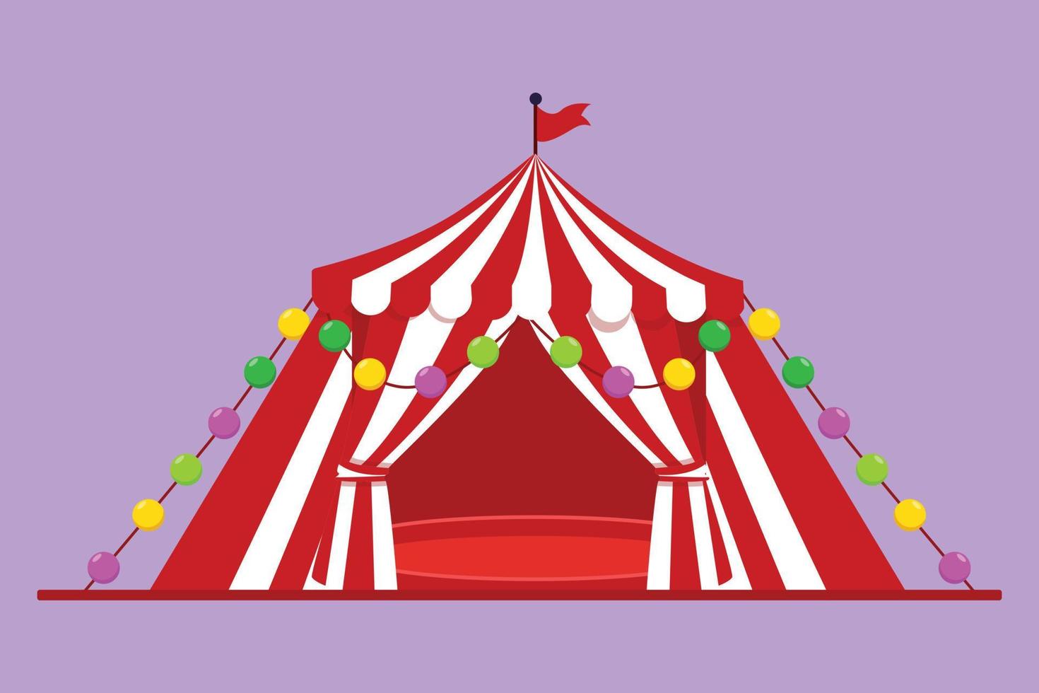 carpa de circo de dibujo de diseño plano gráfico en forma de triángulo con rayas y bandera en la parte superior. Show lugar para payasos, magos, animales. entretenimiento empresarial de éxito. ilustración vectorial de estilo de dibujos animados vector